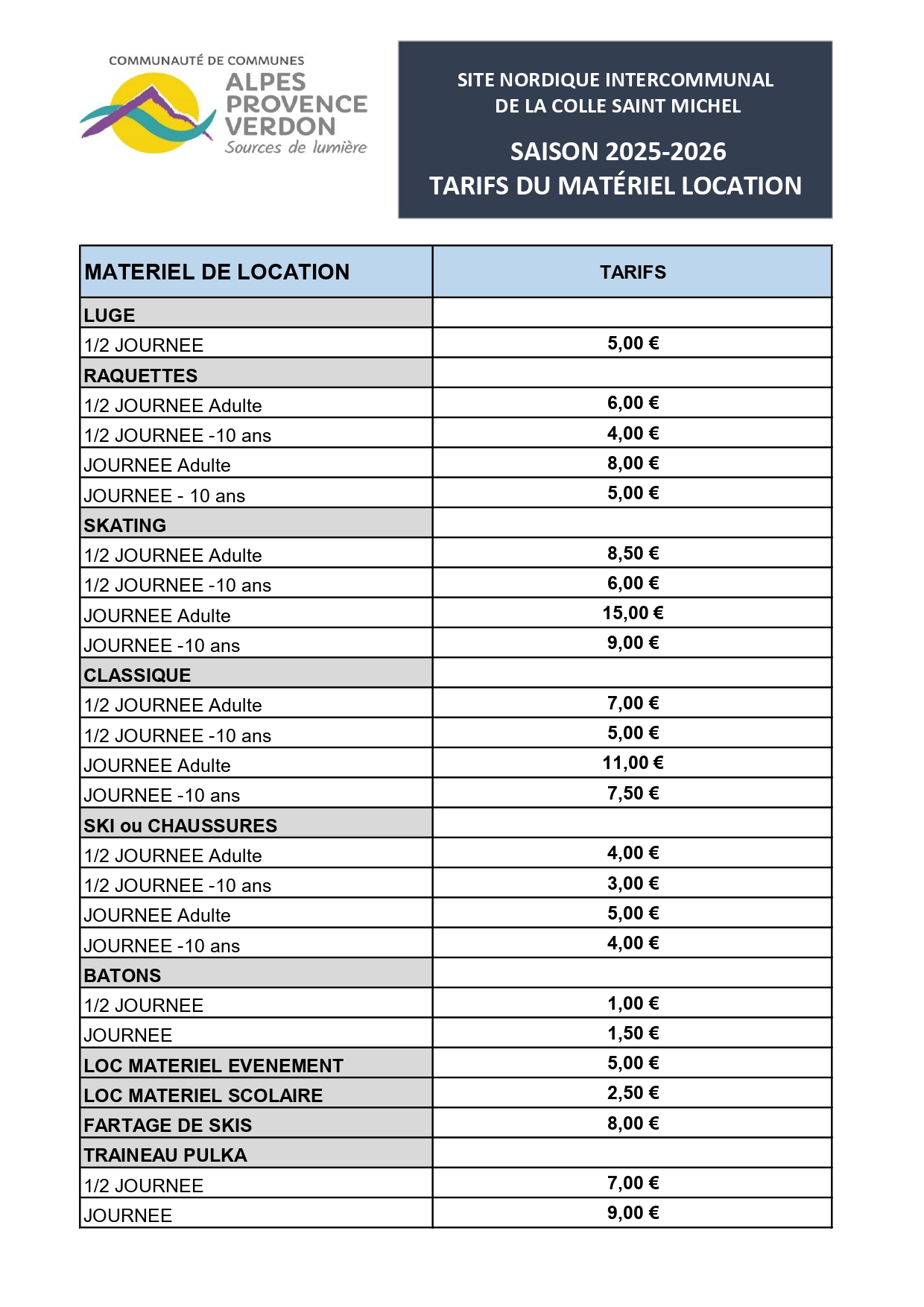 tarifs nordique matériel CCAPV 2024 2025